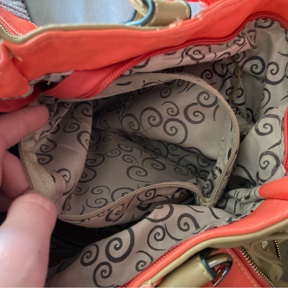 Coral & camel/tan, gold studded, purse. - Picture 9 of 14